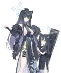  absurdres animal_ear_fluff animal_ears arm_grab black_dress black_hair blue_archive center_opening china_dress chinese_clothes dress dual_persona echj feather_boa green_eyes hair_ornament halo highres ponytail shun_(blue_archive) shun_(small)_(blue_archive) side_slit sidelocks standing tassel thighhighs tiger_ears tiger_girl weapon_case white_thighhighs younger 