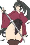  1girl bangs black_hair breasts brown_eyes highres holding holding_sword holding_weapon houtengeki japanese_clothes katana large_breasts long_hair long_sleeves looking_at_viewer open_mouth original ponytail simple_background sword thighhighs thighs weapon white_background wide_hips wide_sleeves 