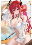  absurdres arknights arm_up bikini breasts cleavage demon_horns detached_sleeves highres horns large_breasts long_hair looking_at_viewer musicatopos navel official_alternate_costume purple_eyes red_hair solo solo_focus surtr_(arknights) surtr_(colorful_wonderland)_(arknights) swimsuit thighs wet white_bikini 