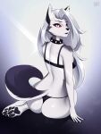  anthro bra butt canid canid_demon canine canis clothing collar demon female hellhound helluva_boss hi_res lingerie looking_at_viewer loona_(helluva_boss) mammal panties pawpads paws piercing pinup pose solo thong underwear v3nusbby wolf 