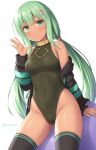  1girl bangs bare_shoulders black_thighhighs breasts closed_mouth covered_navel cowboy_shot dark-skinned_female dark_skin green_eyes green_hair green_leotard hair_ornament haura_(sasaame) heart heart_hair_ornament highres leotard long_hair looking_at_viewer low_twintails medium_breasts off-shoulder_jacket off_shoulder original sasaame simple_background sitting smile solo thighhighs twintails twitter_username waving white_background 