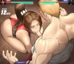  1boy 1girl all_fours ass blonde_hair blush breasts brown_hair cleavage closed_eyes english_commentary erodrunky fellatio french_text from_above geese_howard hair_ribbon hair_slicked_back health_bar hetero highres large_breasts leotard long_hair muscular muscular_male ninja obi oral paid_reward_available penis ponytail red_leotard ribbon saliva saliva_on_penis sash shiranui_mai sunken_cheeks the_king_of_fighters the_king_of_fighters_xv thighs thong_leotard topless_male uncensored veins veiny_penis w_arms 