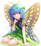  1girl antennae aqua_hair artist_name butterfly_wings closed_mouth dress eternity_larva fairy green_dress highres leaf leaf_on_head multicolored_clothes multicolored_dress orange_eyes short_hair short_sleeves signature smile solo touhou twitter_username wings yu_cha 