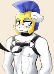  abs absurd_res anthro armor blue_eyes blue_hair body_harness bound chest_harness clenched_teeth collar czu embarrassed friendship_is_magic galea hair harness headgear helmet hi_res looking_away mostly_nude mostly_nude_male my_little_pony royal_guard_(mlp) teeth 