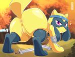  2022 absurd_res anthro butt canid colored digital_media_(artwork) digitigrade female genitals hi_res humanoid_genitalia humanoid_pussy looking_at_viewer mammal nikkibunn nintendo open_mouth panchi pok&eacute;mon pok&eacute;mon_(species) pussy riolu solo solo_focus video_games 