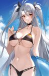  1girl anchor antenna_hair azur_lane bikini black_bikini black_choker black_ribbon blue_innertube choker cowboy_shot flag_print german_flag german_flag_bikini grey_hair highres holding holding_innertube innertube long_hair multicolored_hair official_alternate_costume orange_eyes prinz_eugen_(azur_lane) prinz_eugen_(unfading_smile)_(azur_lane) raitho ribbon side-tie_bikini streaked_hair swimsuit two_side_up 