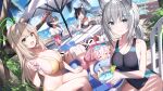  5girls :d akusema animal_ears ayane_(blue_archive) ayane_(swimsuit)_(blue_archive) beach bikini blue_archive blue_eyes blue_swimsuit blush breasts cat_ears cat_girl cleavage closed_eyes closed_mouth electric_fan glasses green_eyes grey_hair hair_ornament halo highres hoshino_(blue_archive) hoshino_(swimsuit)_(blue_archive) large_breasts light_brown_hair multiple_girls navel nonomi_(blue_archive) nonomi_(swimsuit)_(blue_archive) ocean one-piece_swimsuit open_mouth outdoors pink_hair ponytail serika_(blue_archive) serika_(swimsuit)_(blue_archive) shiroko_(blue_archive) shiroko_(swimsuit)_(blue_archive) sideboob sitting smile striped striped_bikini swimsuit thighs water white_bikini yellow_bikini 