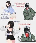  1girl 1other aircraft airplane atamonica black_eyes black_hair blush breasts character_name cleavage commentary english_commentary english_text fighter_jet gloves jet kf-21_boramae large_breasts long_sleeves meme midriff military military_vehicle original personification pilot_helmet pilot_suit short_hair tote_bag yas_bitch_slay_(meme) 