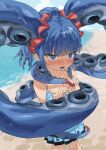  1girl @_@ aqua_bikini bangs beach bikini blue_eyes blue_hair blunt_bangs blush breasts cleavage commentary_request day flying_sweatdrops frilled_bikini frills hair_ornament hair_scrunchie highres long_hair looking_at_viewer medium_breasts mizudako-chan_(okbnkn) multicolored_hair nose_blush ocean octopus_print okbnkn open_mouth original outdoors red_hair scrunchie sidelocks sky solo sweat swimsuit tentacle_hair tentacles twintails very_long_hair 