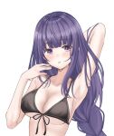  1girl absurdres armpits arms_up bare_arms bare_shoulders bikini black_bikini braid breasts cleavage collarbone front-tie_bikini front-tie_top genshin_impact hand_up highres large_breasts long_hair looking_at_viewer muyang parted_lips purple_eyes purple_hair raiden_shogun single_braid solo string_bikini swimsuit upper_body wet 