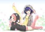  2girls :d animal_ears animal_hood anko_(gochiusa) barefoot black_jacket blue_hair blush collarbone fake_animal_ears fang fluno frilled_shorts frills gochuumon_wa_usagi_desu_ka? grey_jacket highres hood hooded_jacket jacket jouga_maya leg_up leg_warmers long_hair long_sleeves low_twintails lying multiple_girls natsu_megumi on_stomach open_clothes open_jacket open_mouth pink_eyes pink_hair pink_leg_warmers pink_shorts rabbit_ears rabbit_hood shiny shiny_hair shirt short_hair short_shorts shorts skin_fang sleepwear smile the_pose twintails wild_geese yellow_eyes yellow_leg_warmers yellow_shirt yellow_shorts 