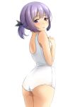  1girl ass backless_swimsuit bangs bare_arms bare_shoulders black_ribbon blush commentary_request hair_ribbon hands_up highres looking_at_viewer looking_back one-piece_swimsuit original parted_lips purple_eyes purple_hair ribbon school_swimsuit shibacha sidelocks simple_background solo swimsuit twintails white_background white_swimsuit 