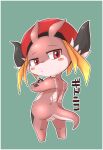 anthro back_markings beret blonde_hair blush claws clothing crossed_arms doneru dragon gidoniko_(doneru) hair hat hat_only headgear headgear_only headwear headwear_only hi_res horn japanese_text looking_at_viewer looking_back markings mostly_nude rear_view red_body scalie simple_background solo text 
