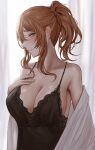  1girl bare_shoulders black_camisole blurry blurry_background blush braid breast_suppress breasts camisole cleavage girls&#039;_frontline green_eyes hair_between_eyes hand_on_own_chest highres jewelry large_breasts looking_to_the_side necklace off_shoulder open_clothes orange_hair parted_lips ponytail selcky sideboob sidelocks solo springfield_(girls&#039;_frontline) 