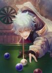  1boy absurdres aqua_hair ball billiard_ball billiards bishounen black_gloves blurry cue_stick dartboard depth_of_field earrings fingerless_gloves gloves highres holding_cue_stick jacket jewelry leaning_forward len_(yumekuro) licking_lips long_sleeves looking_at_another looking_away looking_down outstretched_arm pool_table short_hair signature slit_pupils solo sparkle tongue tongue_out user_xmej7725 yellow_eyes yumekuro 