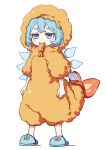  1girl absurdres alternate_costume blue_eyes blue_hair blush_stickers cirno commentary_request detached_wings fairy food food-themed_clothes highres ice ice_wings kame_(kamepan44231) mouth_hold short_hair short_sleeves shrimp shrimp_tempura simple_background slippers solo tempura touhou white_background wings 
