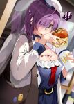  1girl absurdres bag bangs belt blush breasts burger choker cleavage dress eating fate/grand_order fate_(series) food frilled_dress frills glasses hair_over_one_eye hat highres holding holding_food large_breasts long_sleeves looking_at_viewer mash_kyrielight neckerchief purple_eyes purple_hair reflection short_hair solo sweat togo_(korlsj1235) 