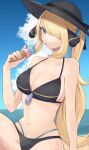  1girl beach bikini blonde_hair blush breasts cleavage closed_mouth cynthia_(pokemon) food grey_eyes hair_ornament hair_over_one_eye hat highres large_breasts long_hair looking_at_viewer navel pokemon pokemon_(game) pokemon_dppt ponytail popsicle ririmon simple_background solo swimsuit very_long_hair 