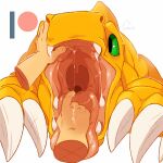  1:1 agumon ambiguous_gender bandai_namco big_claws claws digimon digimon_(species) duo fangs front_view gaping_mouth glistening glistening_eyes green_eyes imperatorcaesar mouth_play mouth_shot open_mouth orange_body orange_tail signature simple_background solo_focus tan_body tan_skin white_background white_claws 