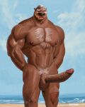  absurd_res anthro beach big_penis body_hair chest_hair ekoi1995 genitals hi_res male mr._mcmahon muscular nipples penis pubes seaside solo surf&#039;s_up 