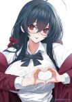  1girl absurdres ahoge artist_name azur_lane bangs black_bow black_bowtie black_hair bow bowtie bra bra_visible_through_clothes breasts crossed_bangs glasses hair_ribbon heart heart-shaped_boob_challenge heart_hands highres huge_breasts jacket lace-trimmed_bra lace_trim lipstick long_hair makeup off_shoulder official_alternate_costume porko red_eyes red_jacket ribbon see-through see-through_shirt shirt taihou_(azur_lane) taihou_(sweet_time_after_school)_(azur_lane) underwear upper_body white_background white_shirt 