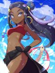  1girl azurill black_hair blue_hair breasts cloud dark-skinned_female dark_skin day earrings eyeshadow flying hand_on_hip highres hoop_earrings inana_umi jewelry looking_at_viewer makeup milotic multicolored_hair navel nessa_(pokemon) open_mouth pokemon pokemon:_twilight_wings pokemon_(creature) rookidee sarong smile tail two-tone_hair v-shaped_eyebrows water wings 