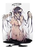  1girl absurdres albedo_(overlord) bangs bare_shoulders black_hair breasts collarbone completely_nude cowboy_shot female_pubic_hair gloves grey_background hair_between_eyes hands_up highres large_breasts liya_nikorov long_hair low_wings navel nipples nude overlord_(maruyama) pubic_hair shiny shiny_hair skeletal_hand slit_pupils solo white_background white_gloves wings yellow_eyes 