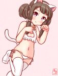  1girl alternate_costume animal_ears artist_logo black_hair bra cat_cutout cat_ear_panties cat_ears cat_lingerie cat_tail cleavage_cutout clothing_cutout commentary_request dated flat_chest frilled_bra frills groin kanon_(kurogane_knights) kantai_collection kurahashi_(kancolle) lowleg lowleg_panties medium_hair meme_attire one-hour_drawing_challenge panties paw_pose pink_background red_eyes side-tie_panties simple_background solo tail thighhighs twintails underwear white_bra white_panties white_thighhighs 