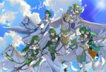  6+girls ^_^ absurdres aqua_hair armor bangs blue_dress blue_sky breastplate breasts cleavage clenched_hand closed_eyes cloud commentary day dress elbow_gloves elincia_ridell_crimea erinys_(fire_emblem) feathers fingerless_gloves fire_emblem fire_emblem:_genealogy_of_the_holy_war fire_emblem:_path_of_radiance fire_emblem:_shadow_dragon_and_the_blade_of_light fire_emblem:_the_sacred_stones fire_emblem:_thracia_776 gloves green_dress green_eyes green_hair grin helmet highres holding holding_polearm holding_sword holding_weapon l&#039;arachel_(fire_emblem) large_breasts long_hair looking_at_viewer misha_(fire_emblem) multiple_girls nephenee_(fire_emblem) palla_(fire_emblem) pauldrons pegasus polearm riding short_dress short_hair shoulder_armor sigrun_(fire_emblem) silvercandy_gum sky smile spear sword thighhighs thighs very_long_hair weapon white_dress white_gloves white_thighhighs 