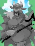  abdominal_bulge after_vore anthro axe belly big_belly bovid bovine buhk cattle facial_piercing harness hi_res horn male mammal melee_weapon muscular muscular_male nose_piercing nose_ring piercing ring_piercing same_size_vore vore weapon 