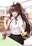  1girl :d ahoge bangs black_skirt blurry blurry_background blush breasts brown_hair button_gap chopsticks cleavage collarbone collared_shirt commentary convenience_store counter:side cup cup_noodle cup_ramen elze_(s01047480836) fang fingernails furrowed_brow hair_between_eyes hair_ornament hand_up highres holding holding_chopsticks holding_cup indoors large_breasts lee_sooyeon long_fingernails long_hair looking_at_viewer midriff_peek miniskirt necktie open_mouth pink_nails ponytail red_eyes red_necktie school_uniform shiny shiny_hair shirt shop short_sleeves sidelocks skin_fang skirt smile solo table undone_necktie very_long_hair white_shirt wing_collar 