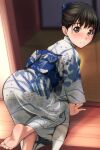  1girl absurdres all_fours ass back_bow bangs barefoot black_hair blue_bow blurry blurry_background blush bow brown_eyes bucket commentary_request depth_of_field foot_out_of_frame full_moon highres japanese_clothes kimono looking_at_viewer matsunaga_kouyou moon original outdoors panties print_kimono see-through see-through_kimono shiny shiny_hair short_hair smile soles solo sunlight toes underwear wave_print white_panties wooden_bucket 