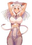  1girl animal_ears armlet armpits arms_up ash_(fire_emblem) bangs black_horns blush breasts brown_eyes closed_mouth commentary_request covered_navel cow_ears cow_girl cow_horns cow_tail dress fire_emblem fire_emblem_heroes gloves hair_between_eyes highres horns iwasinogomaae large_breasts long_hair looking_at_viewer pelvic_curtain simple_background sleeveless sleeveless_dress solo sweatdrop tail white_background white_dress white_gloves white_hair 