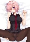  1girl ass black_pantyhose blush collared_shirt fate/grand_order fate_(series) groin hair_over_one_eye hand_on_own_thigh looking_at_viewer lying mash_kyrielight necktie on_back panties panties_under_pantyhose pantyhose pink_hair presenting purple_eyes shirt simple_background solo spread_legs taku_pi underwear white_background 