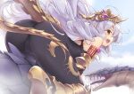  1girl armored_boots ass bare_shoulders boots cameltoe dragon from_behind headpiece light_purple_hair long_hair looking_at_viewer medusa_(shingeki_no_bahamut) open_mouth outdoors pointy_ears saeki_hokuto shingeki_no_bahamut simple_background smile solo tail very_long_hair yellow_eyes 