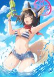  1girl animal_ears bikini blue_archive blue_bikini blue_shorts blue_sky breasts brown_eyes cloud day denim denim_shorts fox_ears fox_girl fox_tail front-tie_bikini front-tie_top halo highleg highleg_bikini highres holding holding_water_gun izuna_(blue_archive) izuna_(swimsuit)_(blue_archive) micro_shorts navel one_eye_closed outdoors partially_submerged red_scarf scarf shorts sky small_breasts solo splashing striped striped_bikini swimsuit synn032 tail visor_cap water water_gun 