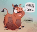  abdominal_bulge after_vore belly big_belly buhk dialogue disney duo feral male male/male mammal open_mouth pumbaa rumbling_stomach same_size_vore suid suina text the_lion_king timon tusks vore warthog 