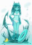  1girl absurdres aqua_eyes aqua_skin bikini bubble flat_chest full_body hair_over_one_eye hand_on_hip highres innertube looking_at_viewer monster_girl navel rubber_duck slime_girl solo standing swimsuit white_bikini youjiao_heiyu 