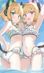  2girls :d animal_ear_headphones arm_up armpits bangs bikini blonde_hair blue_archive blue_sky blush bow cat_ear_headphones cat_tail closed_mouth cloud collarbone day green_bow groin hair_bow halo headphones highres holding_hands interlocked_fingers looking_at_viewer midori_(blue_archive) momoi_(blue_archive) multiple_girls navel nitoron ocean open_mouth outdoors pink_bow short_hair siblings sisters sky smile stomach swimsuit tail water 