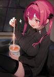  +_+ 1girl absurdres bangs black_ribbon black_sweater black_thighhighs blush breasts chopsticks cup_ramen drooling fang food hair_between_eyes hair_ribbon highres holding holding_chopsticks hololive houshou_marine large_breasts long_hair mouth_drool noodles open_mouth pink_hair pomesaurus ramen red_eyes ribbed_sweater ribbon skin_fang solo sparkle sweater thighhighs twintails virtual_youtuber 