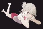  1girl bare_shoulders black_background blush bracelet brown_eyes closed_mouth flower flower_bracelet grey_hair hands_on_own_face head_rest jewelry lying medium_hair nineo on_stomach original panties red_flower red_panties red_pupils side_ponytail simple_background solo underwear 