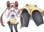  1girl aqua_eyes ass_visible_through_thighs black_pantyhose brown_hair clenched_hands collarbone double_bun from_below hair_bun halterneck hat long_hair looking_at_viewer pantyhose pokemon pokemon_(game) pokemon_bw2 rosa_(pokemon) shirt short_shorts shorts simple_background solo taku_pi thighs very_long_hair white_background wristband 