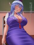  1girl absurdres blue_dress blue_headwear blurry blurry_background breasts chair chalkboard cleavage desk dress highres huge_breasts indoors kamishirasawa_keine long_hair mimasi_osuwari short_sleeves sleeping solo touhou translation_request 