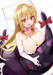  1girl :d absurdres bangs bare_shoulders blonde_hair blush bow breasts cleavage collarbone dress efe elbow_gloves gloves hair_bow hair_ornament highres large_breasts looking_at_viewer open_mouth purple_dress purple_eyes red_bow smile solo strapless strapless_dress touhou white_gloves yakumo_yukari 