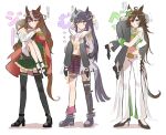  6+girls ahoge animal_ears bandaid bandaid_on_face bandaid_on_nose bangs black_footwear black_hair black_thighhighs blush_stickers boots cape carrying_over_shoulder epaulettes female_trainer_(umamusume) flying_sweatdrops full_body gloves green_eyes green_jacket hat high_heels highres horse_ears horse_tail jacket kumo_(mokumoku_warabi) long_hair looking_at_viewer mini_hat mini_top_hat mr._c.b._(umamusume) multicolored_hair multiple_girls multiple_views narita_brian_(umamusume) navel pants pink_eyes ponytail purple_skirt single_thigh_boot skirt speech_bubble standing streaked_hair symboli_rudolf_(umamusume) tail thigh_boots thighhighs top_hat trainer_(umamusume) translation_request umamusume white_gloves white_pants wrist_cuffs yellow_eyes 