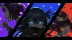  3girls absurdres benienma_(fate) blue_background blue_eyes fang fate/grand_order fate_(series) feathers fingernails glowing glowing_eyes hair_ribbon hat highres horns jifuwabe letterboxed low_ponytail meltryllis_(fate) multiple_girls oni_horns purple_background purple_eyes red_background red_eyes ribbon sharp_fingernails shuten_douji_(fate) 