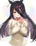  1girl :d absurdres ahoge animal_ears bare_shoulders black_hair collarbone colored_inner_hair commentary_request grey_sweater hair_over_one_eye hands_up highres horse_ears long_hair long_sleeves looking_at_viewer manhattan_cafe_(umamusume) meyamu multicolored_hair off-shoulder_sweater off_shoulder open_mouth smile solo sweater umamusume upper_body very_long_hair yellow_eyes 