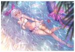  1girl absurdres bangs bare_arms bare_shoulders bikini bow breasts frills full_body granblue_fantasy hair_bow highres innertube long_hair looking_at_viewer lying medusa_(shingeki_no_bahamut) navel on_back partially_submerged petals pointy_ears sandals simple_background small_breasts solo stomach swimsuit thigh_strap very_long_hair water yellow_eyes yellowpaint. 