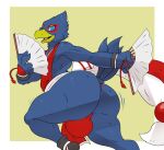  2022 a-side anthro avian beak big_butt bird blue_body blue_feathers bottomwear bulge butt clothed clothing falco_lombardi falcon falconid fan_(disambiguation) feathers hi_res holding_fan holding_object loincloth looking_at_viewer looking_back male nintendo open_mouth rear_view red_clothing smile smiling_at_viewer solo star_fox tail_feathers tongue video_games wide_eyed 