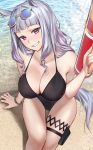  1girl absurdres animal_ears bangs bare_shoulders black_swimsuit blunt_bangs breasts casual_one-piece_swimsuit commentary day eyewear_on_head from_above gold_ship_(run_revolt_launcher)_(umamusume) gold_ship_(umamusume) grey_hair grin hand_up highres holding horse_ears horse_girl horse_tail large_breasts looking_at_viewer monegi official_alternate_costume one-piece_swimsuit outdoors photo_background pink_eyes sitting smile sunglasses swimsuit symbol-only_commentary tail thigh_gap thigh_pouch thigh_strap thighs umamusume water water_gun wristband 